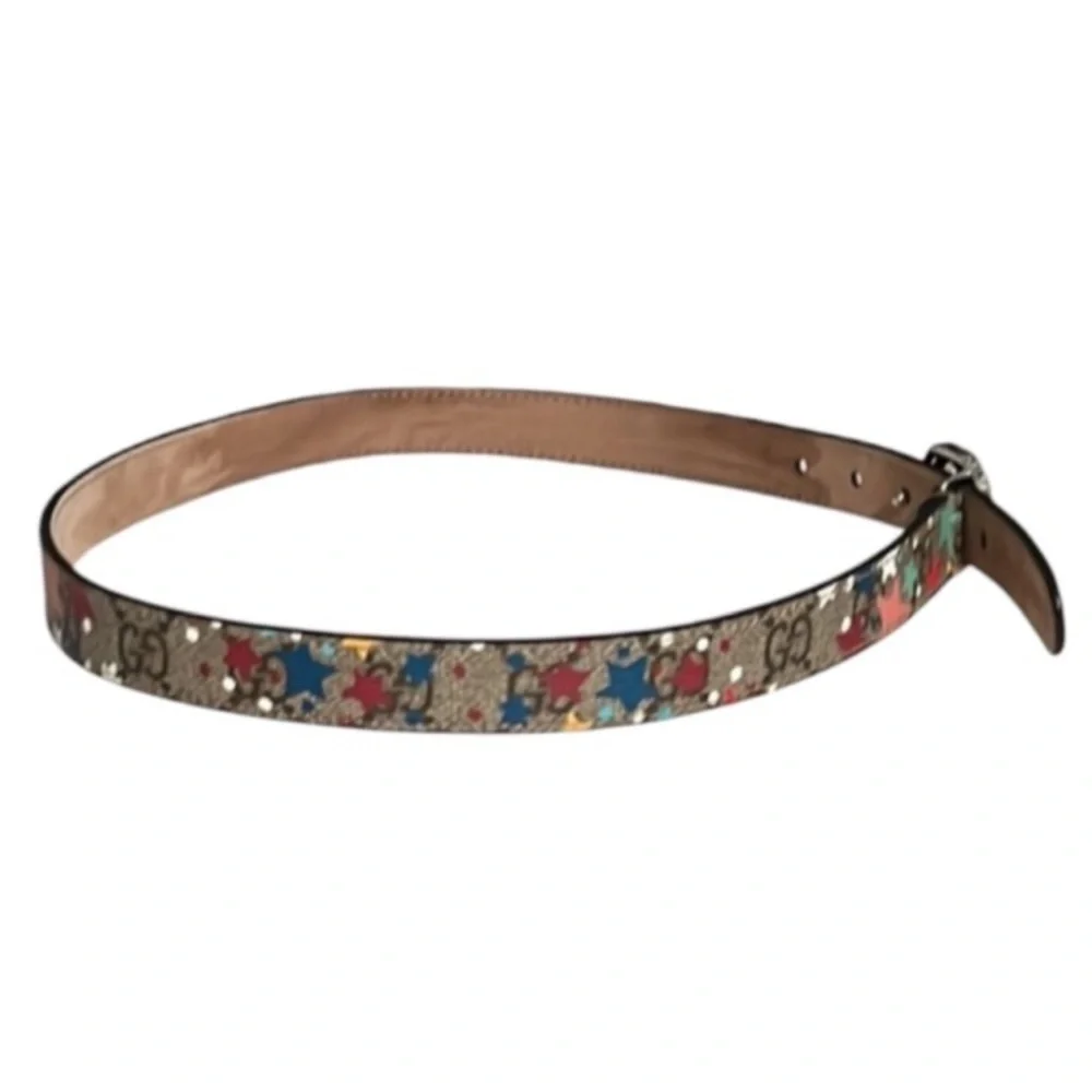 Authentic Gucci luxury designer signature GG star print leather belt kids sz S